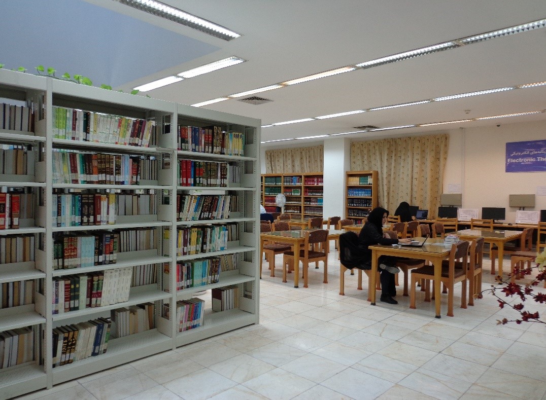 Resources include 97,000 copies of Persian, Arabic, and Latin books, 9,800 copies of theses, and 7,800 copies of bound journals.